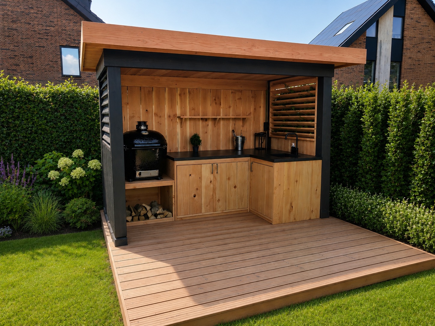 Overdekte houten buitenkeuken op maat met kamado-barbecue, zwart werkblad en houtopslag, op een houten vlonder in een strakke tuin